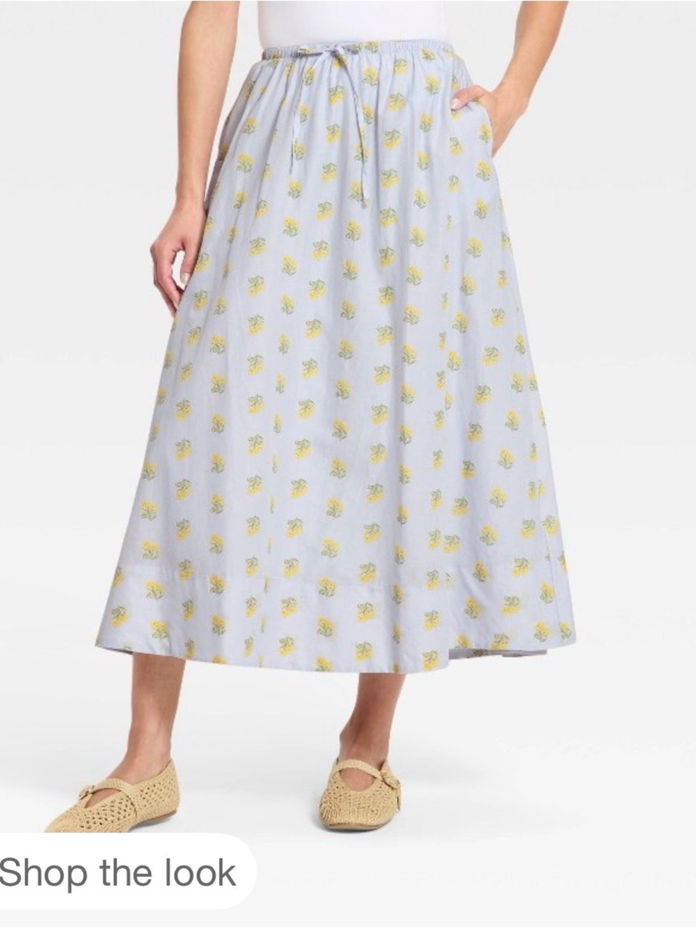 Universal Thread Light Blue Midi Skirt with Yellow Floral Motif